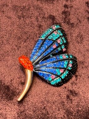 Crystal Butterfly Wing Brooch in Blue, Teal & Orange